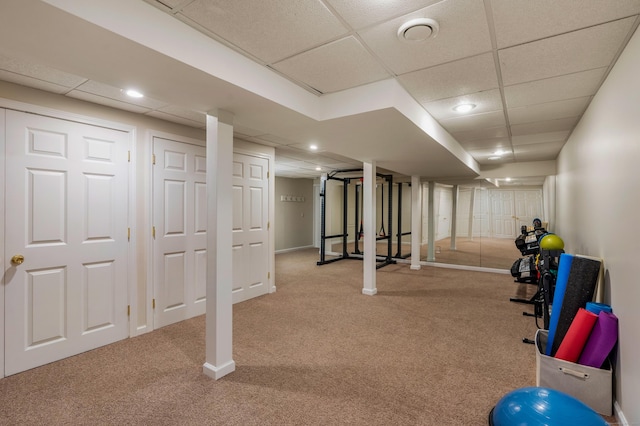 607 Tolland Stage Rd, Tolland, CT 06084 - exercise area with a paneled ceiling, carpet floors, baseboards, and recessed lighting