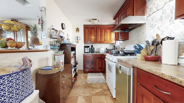 32 Lawrence Ave, Milford, CT 06460 - kitchen featuring under cabinet range hood, stainless steel dishwasher, white gas stove, and light countertops