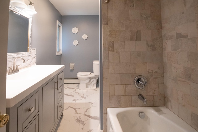 21 Elizabeth St, Trumbull, CT 06611 - bathroom featuring a baseboard radiator, marble finish flooring, vanity, toilet, and shower / tub combination