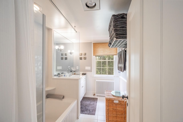 23 Goodsell Hill Rd, Redding, CT 06896 - bathroom featuring radiator heating unit, vanity, and tile patterned floors