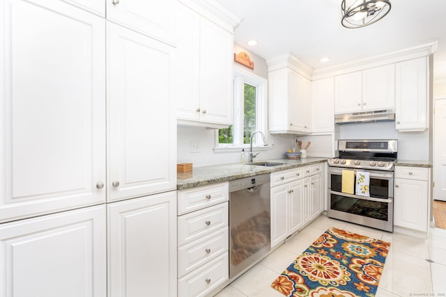 16 Darley Dr, Hamden, CT 06518 - kitchen with stainless steel appliances, a sink, under cabinet range hood, white cabinetry, and light stone counters