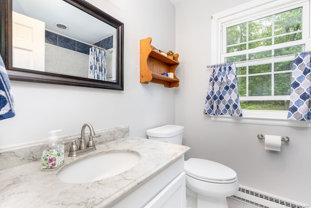 16 Darley Dr, Hamden, CT 06518 - full bath with baseboard heating, toilet, vanity, and a shower with curtain