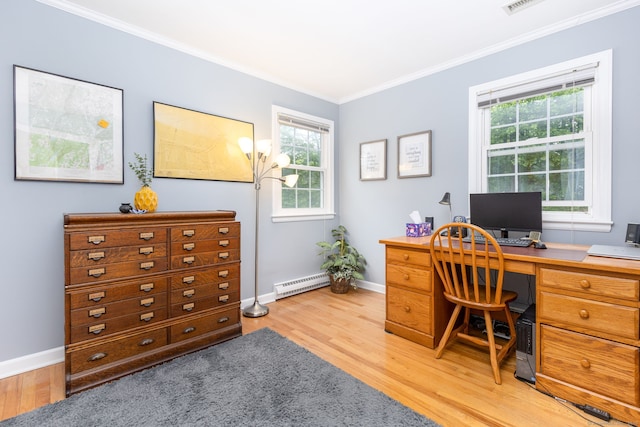 16 Darley Dr, Hamden, CT 06518 - office space with light wood-style floors, crown molding, a baseboard radiator, healthy amount of natural light, and baseboards