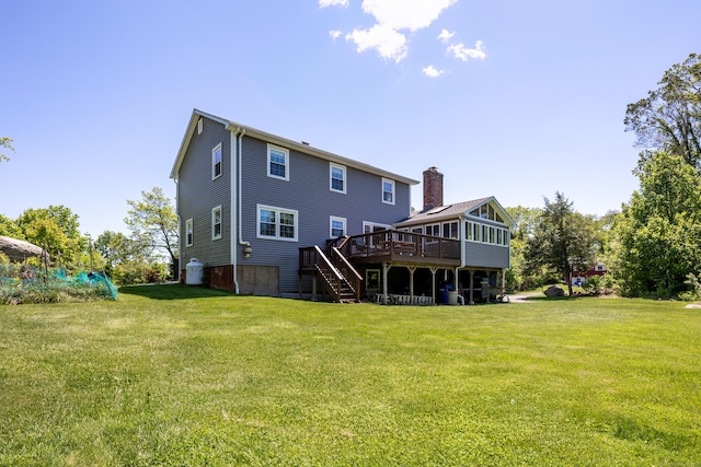 54 Flax Hill Rd, Brookfield, CT 06804 - rear view of house featuring a wooden deck, stairs, a yard, and a chimney