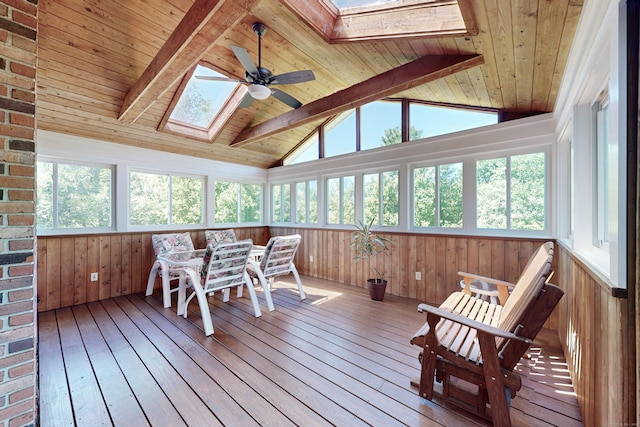 54 Flax Hill Rd, Brookfield, CT 06804 - sunroom / solarium featuring a skylight, hardwood / wood-style flooring, plenty of natural light, wooden walls, and wooden ceiling