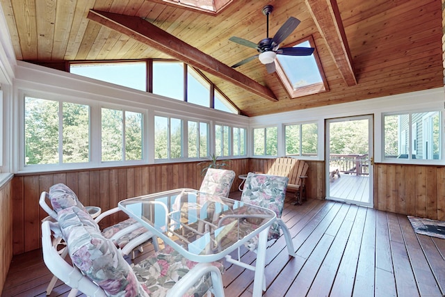 54 Flax Hill Rd, Brookfield, CT 06804 - sunroom with a skylight, wood ceiling, ceiling fan, wood walls, and a deck