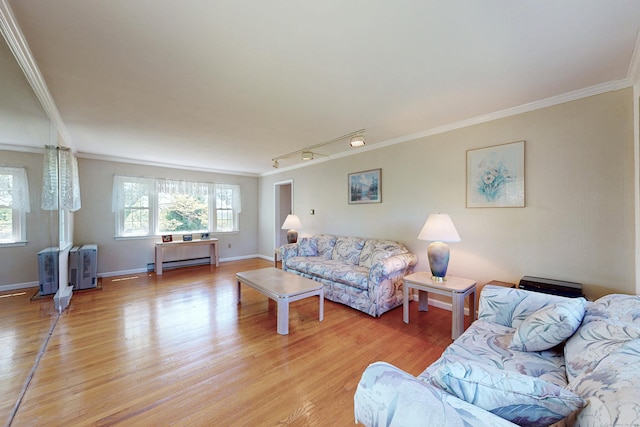 54 Flax Hill Rd, Brookfield, CT 06804 - living room with crown molding, light wood finished floors, a baseboard radiator, baseboards, and track lighting