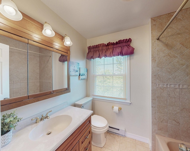 54 Flax Hill Rd, Brookfield, CT 06804 - bathroom featuring a baseboard radiator, vanity, toilet, baseboards, and tile patterned floors