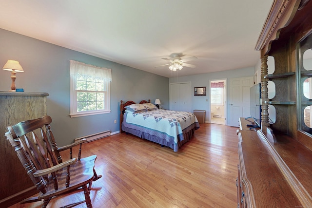 54 Flax Hill Rd, Brookfield, CT 06804 - bedroom with light wood finished floors, baseboard heating, a ceiling fan, and a baseboard radiator