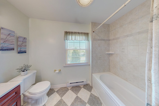 54 Flax Hill Rd, Brookfield, CT 06804 - bathroom with baseboard heating, baseboards, vanity, shower / bath combination, and toilet