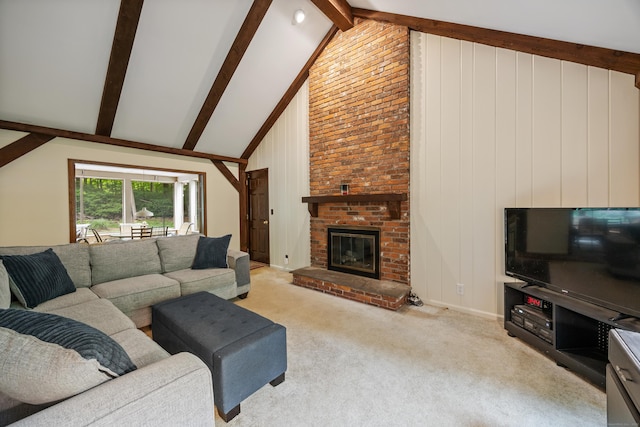 50 Stonehedge Ln S, Guilford, CT 06437 - carpeted living area with beamed ceiling, a fireplace, and high vaulted ceiling