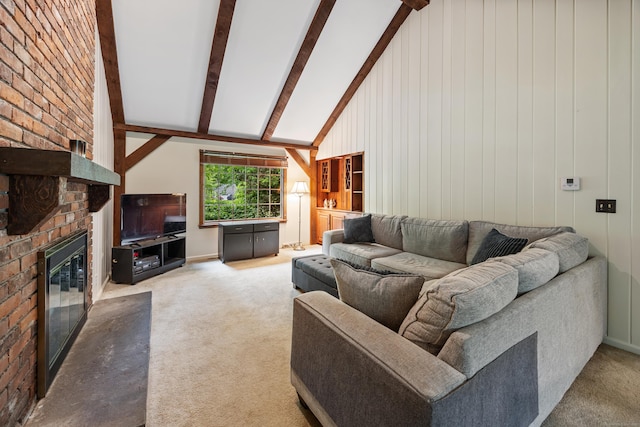 50 Stonehedge Ln S, Guilford, CT 06437 - carpeted living room featuring beam ceiling, a brick fireplace, high vaulted ceiling, baseboards, and wooden walls