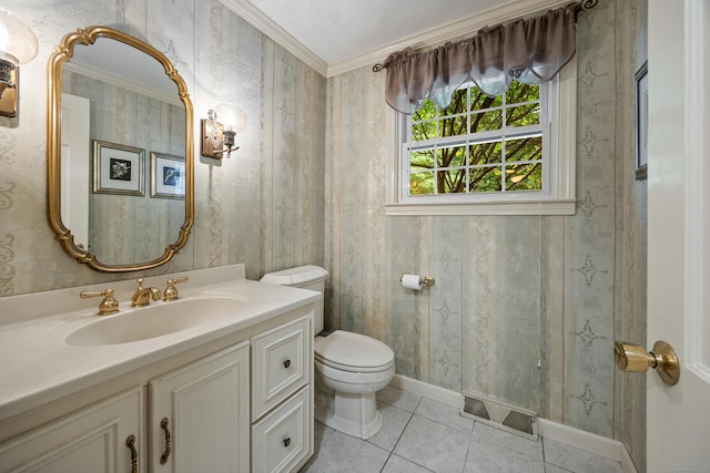 50 Stonehedge Ln S, Guilford, CT 06437 - bathroom featuring vanity, toilet, tile patterned flooring, baseboards, and ornamental molding