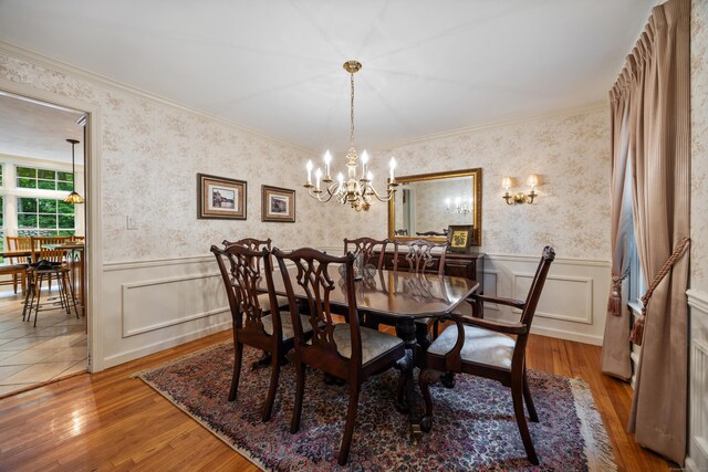 50 Stonehedge Ln S, Guilford, CT 06437 - dining space with wood finished floors, a chandelier, wainscoting, crown molding, and wallpapered walls