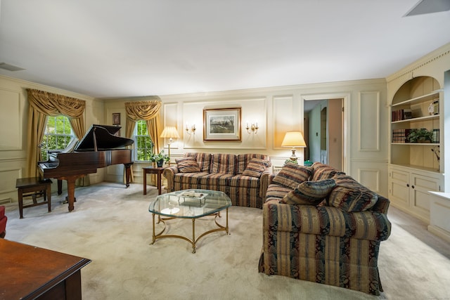50 Stonehedge Ln S, Guilford, CT 06437 - living room with a decorative wall, light carpet, and crown molding