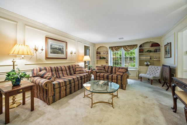 50 Stonehedge Ln S, Guilford, CT 06437 - carpeted living area with crown molding, a decorative wall, and built in features