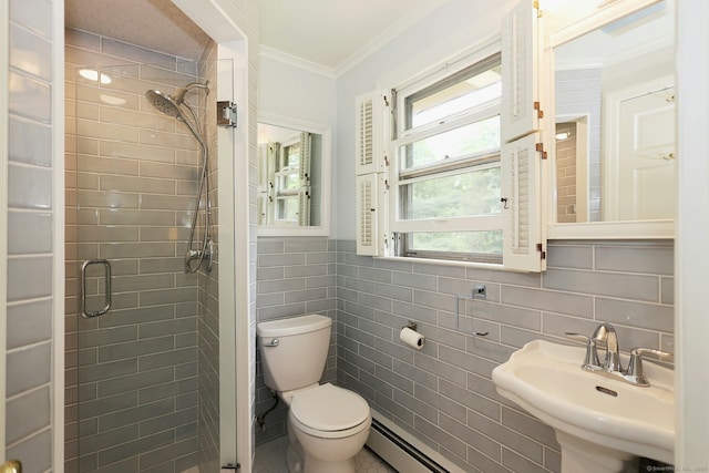 33 Preston Rd, Trumbull, CT 06611 - full bath featuring a shower stall, tile walls, toilet, ornamental molding, and a sink