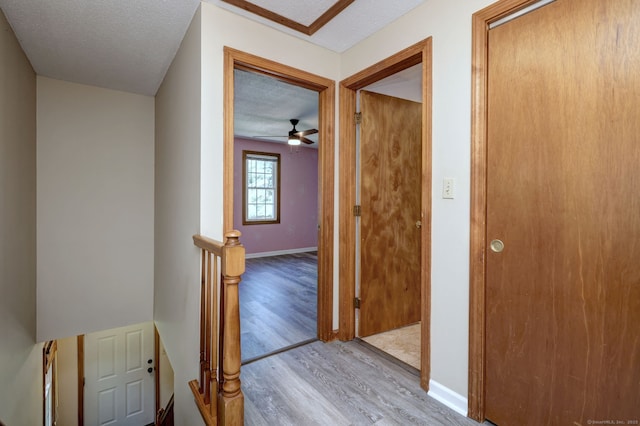 37 White Tail Ln Unit 37, Wallingford, CT 06492 - corridor with an upstairs landing, light wood-type flooring, a textured ceiling, and baseboards