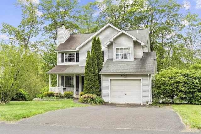 167 Santa Maria Dr, Torrington, CT 06790 - traditional home featuring a porch, a chimney, a front lawn, asphalt driveway, and roof with shingles