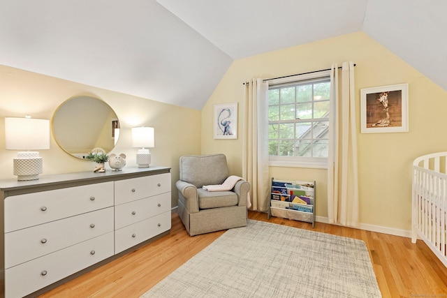27 Chiltern St, Farmington, CT 06032 - bedroom featuring vaulted ceiling, light wood-style floors, a nursery area, and baseboards