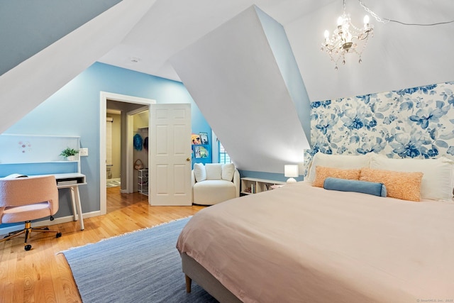 27 Chiltern St, Farmington, CT 06032 - bedroom featuring wood finished floors, vaulted ceiling, a chandelier, and baseboards