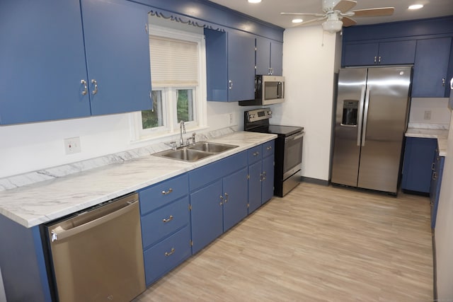5 Chappell St, Chaplin, CT 06235 - kitchen featuring stainless steel appliances, blue cabinets, a sink, a ceiling fan, and recessed lighting