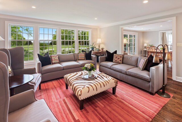 145 Seir Hill Rd, Wilton, CT 06897 - living room with ornamental molding, plenty of natural light, wood finished floors, and recessed lighting