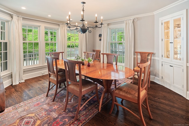 145 Seir Hill Rd, Wilton, CT 06897 - dining space featuring a chandelier, ornamental molding, dark wood-style floors, baseboards, and recessed lighting