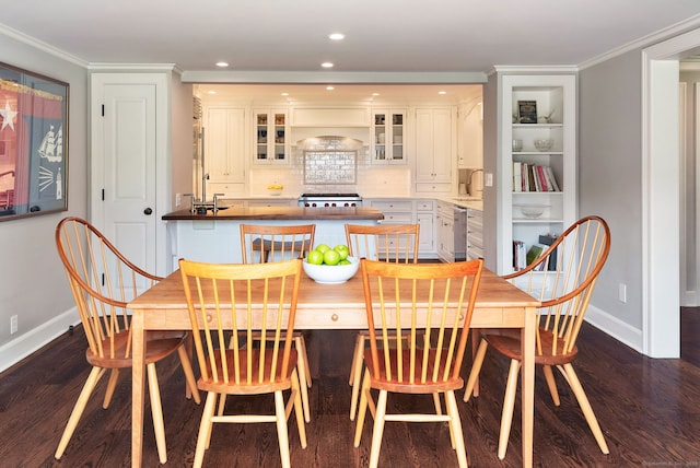 145 Seir Hill Rd, Wilton, CT 06897 - dining room with baseboards, dark wood-type flooring, ornamental molding, and recessed lighting