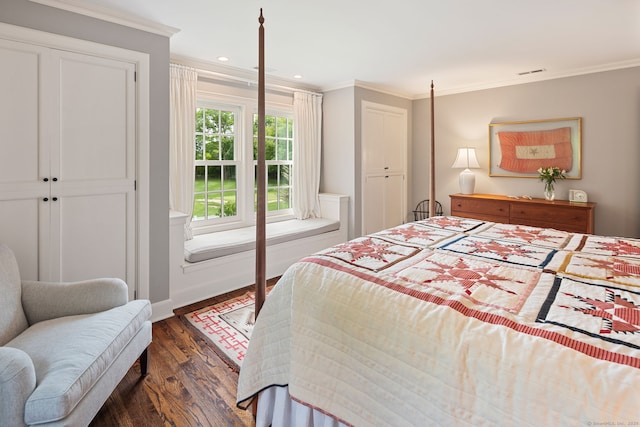 145 Seir Hill Rd, Wilton, CT 06897 - bedroom with crown molding, dark wood-style flooring, baseboards, and recessed lighting