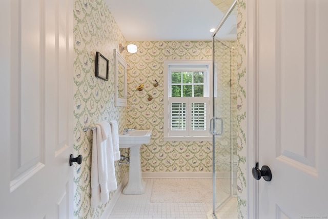 145 Seir Hill Rd, Wilton, CT 06897 - full bathroom with a shower stall, wallpapered walls, and tile patterned flooring
