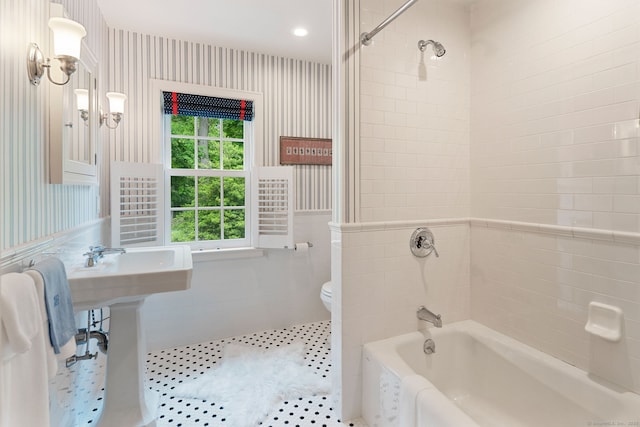 145 Seir Hill Rd, Wilton, CT 06897 - bathroom featuring toilet, tile patterned floors, shower / bathtub combination, and tile walls