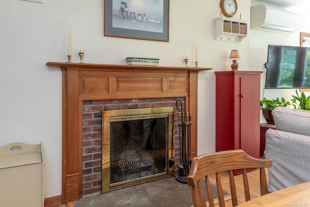 16 Botsford Rd, Kent, CT 06757 - detailed view of a wall mounted air conditioner, a brick fireplace, and carpet flooring
