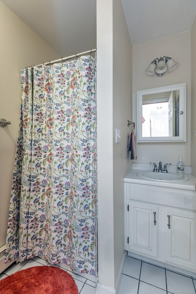 16 Botsford Rd, Kent, CT 06757 - bathroom featuring vanity, tile patterned floors, a shower with shower curtain, and baseboards