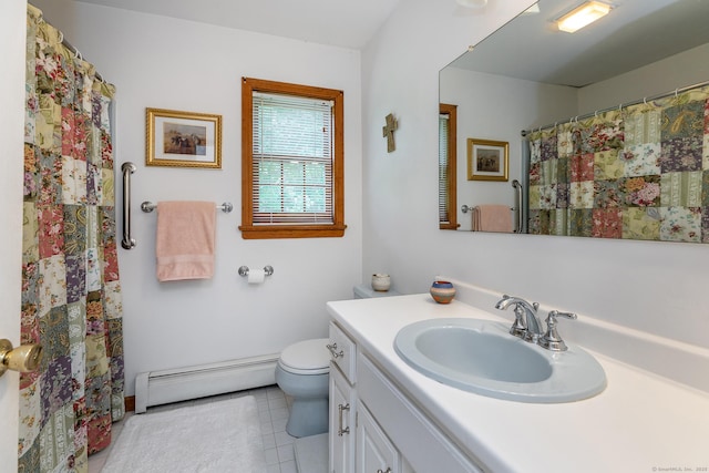 16 Botsford Rd, Kent, CT 06757 - bathroom featuring baseboard heating, vanity, toilet, tile patterned floors, and a shower with shower curtain
