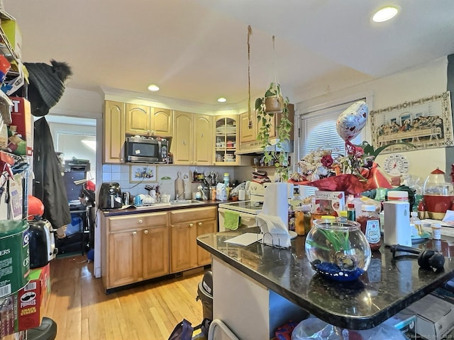 1 N Taylor Ave, Norwalk, CT 06854 - kitchen featuring stainless steel microwave, white electric range oven, light wood-type flooring, glass insert cabinets, and recessed lighting