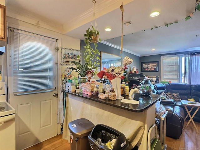 1 N Taylor Ave, Norwalk, CT 06854 - kitchen featuring ornamental molding, wood finished floors, white electric range oven, dark countertops, and open floor plan