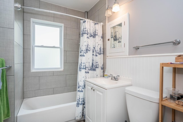 5 Seymour Ave, West Hartford, CT 06119 - bathroom with shower / bath combination with curtain, toilet, a wainscoted wall, and vanity