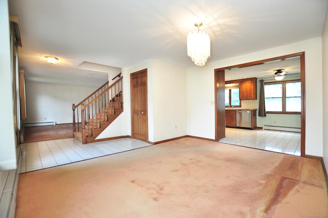 24 Jennifer Rd, Bristol, CT 06010 - unfurnished living room featuring a baseboard radiator, baseboard heating, light carpet, a chandelier, and light tile patterned floors