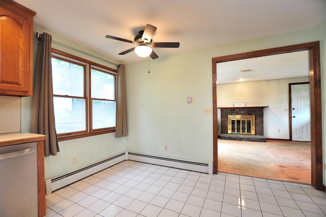 24 Jennifer Rd, Bristol, CT 06010 - unfurnished living room featuring a ceiling fan, light carpet, light tile patterned flooring, a fireplace, and baseboard heating