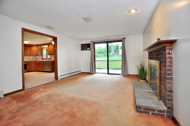 24 Jennifer Rd, Bristol, CT 06010 - unfurnished living room featuring a baseboard heating unit, light carpet, a brick fireplace, and baseboards