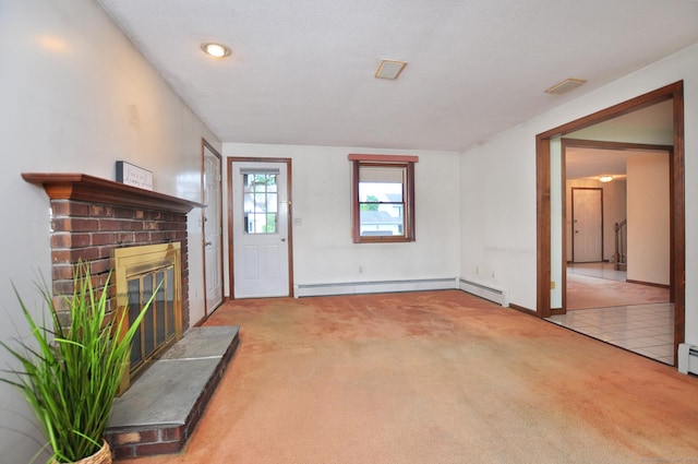 24 Jennifer Rd, Bristol, CT 06010 - unfurnished living room featuring a brick fireplace, a baseboard radiator, carpet floors, and baseboards