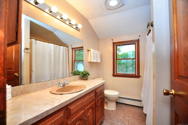 24 Jennifer Rd, Bristol, CT 06010 - full bath featuring a baseboard heating unit, lofted ceiling, vanity, toilet, and tile patterned floors
