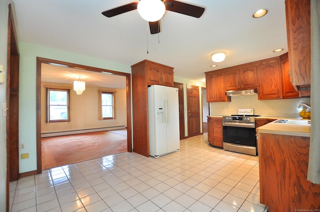 24 Jennifer Rd, Bristol, CT 06010 - kitchen featuring white refrigerator with ice dispenser, electric stove, under cabinet range hood, a sink, and a baseboard heating unit