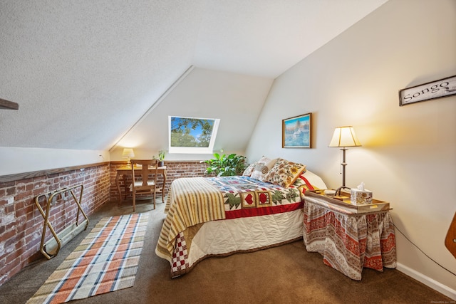 58 Woodley Ct Unit 14, Meriden, CT 06450 - carpeted bedroom featuring brick wall, lofted ceiling, and a textured ceiling