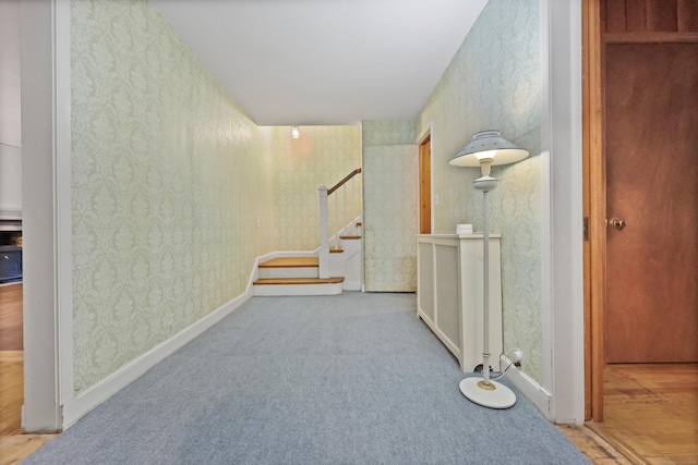 16 Katydid Ln, Weston, CT 06883 - hall featuring wallpapered walls, stairs, and carpet floors