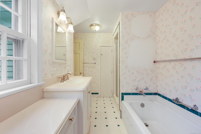 16 Katydid Ln, Weston, CT 06883 - bathroom with wallpapered walls, vanity, a garden tub, tile patterned floors, and a shower stall
