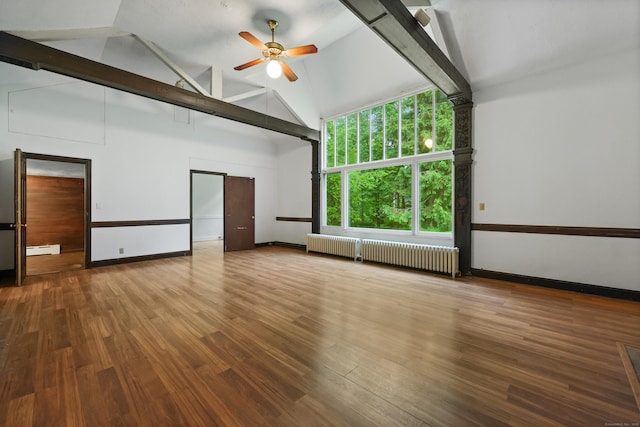 16 Katydid Ln, Weston, CT 06883 - unfurnished room with radiator heating unit, baseboard heating, high vaulted ceiling, a ceiling fan, and baseboards