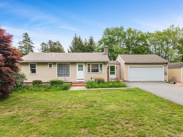 332 Shewville Rd, Ledyard, CT 06339 - ranch-style house featuring a chimney, driveway, a front lawn, and a garage