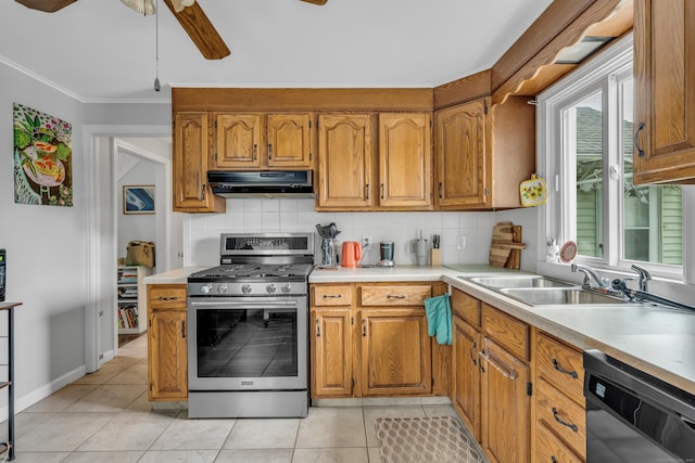 21 Pond Rd, Hamden, CT 06514 - kitchen featuring stainless steel gas range, dishwashing machine, range hood, ceiling fan, and tasteful backsplash